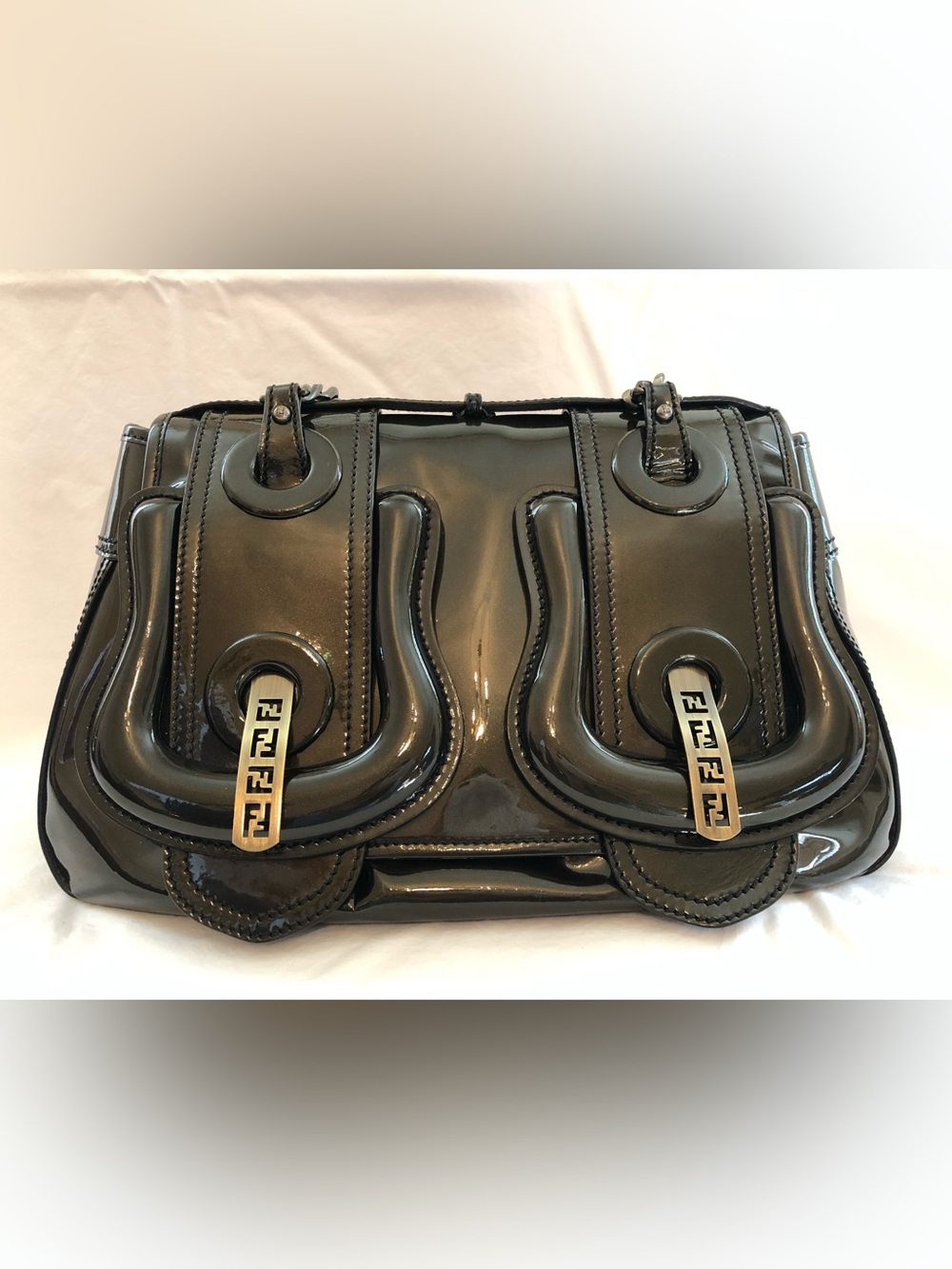 Authentic Fendi Dark Olive Green Patent Leather Double-Handle Shoulder B Bag
